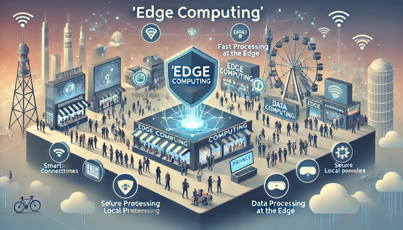 Imagem criada por IA sobre Edge Computing traz elementos visuais como lojas, antenas de internet, roda gigante e pessoas