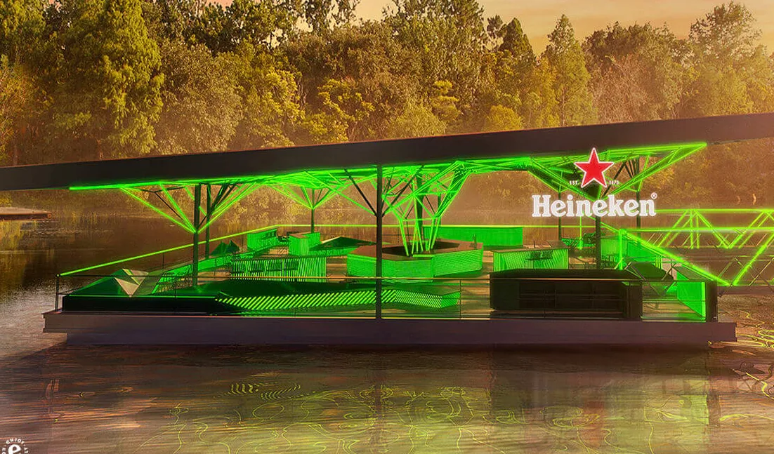 Banner destaca o Heineken Floating Bar em Curitiba