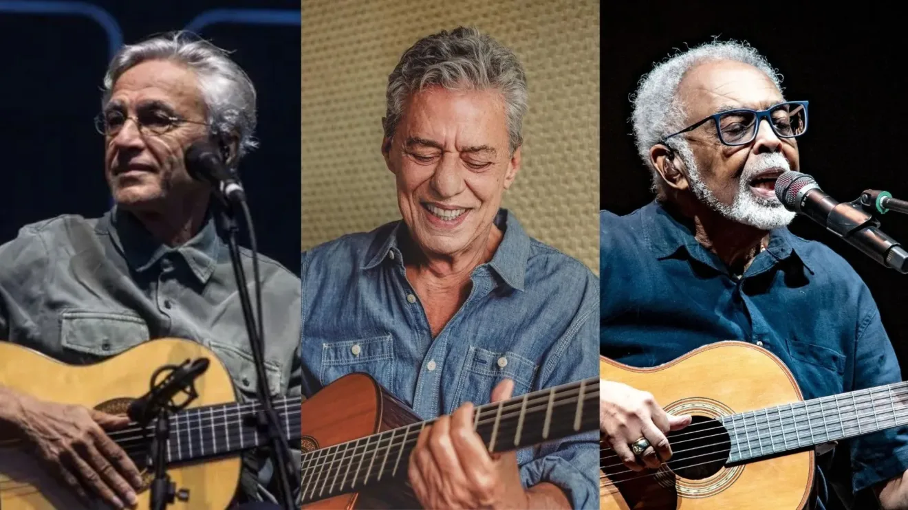 Colagem mostrando Caetano Veloso, Chico Buarque e Gilberto Gil