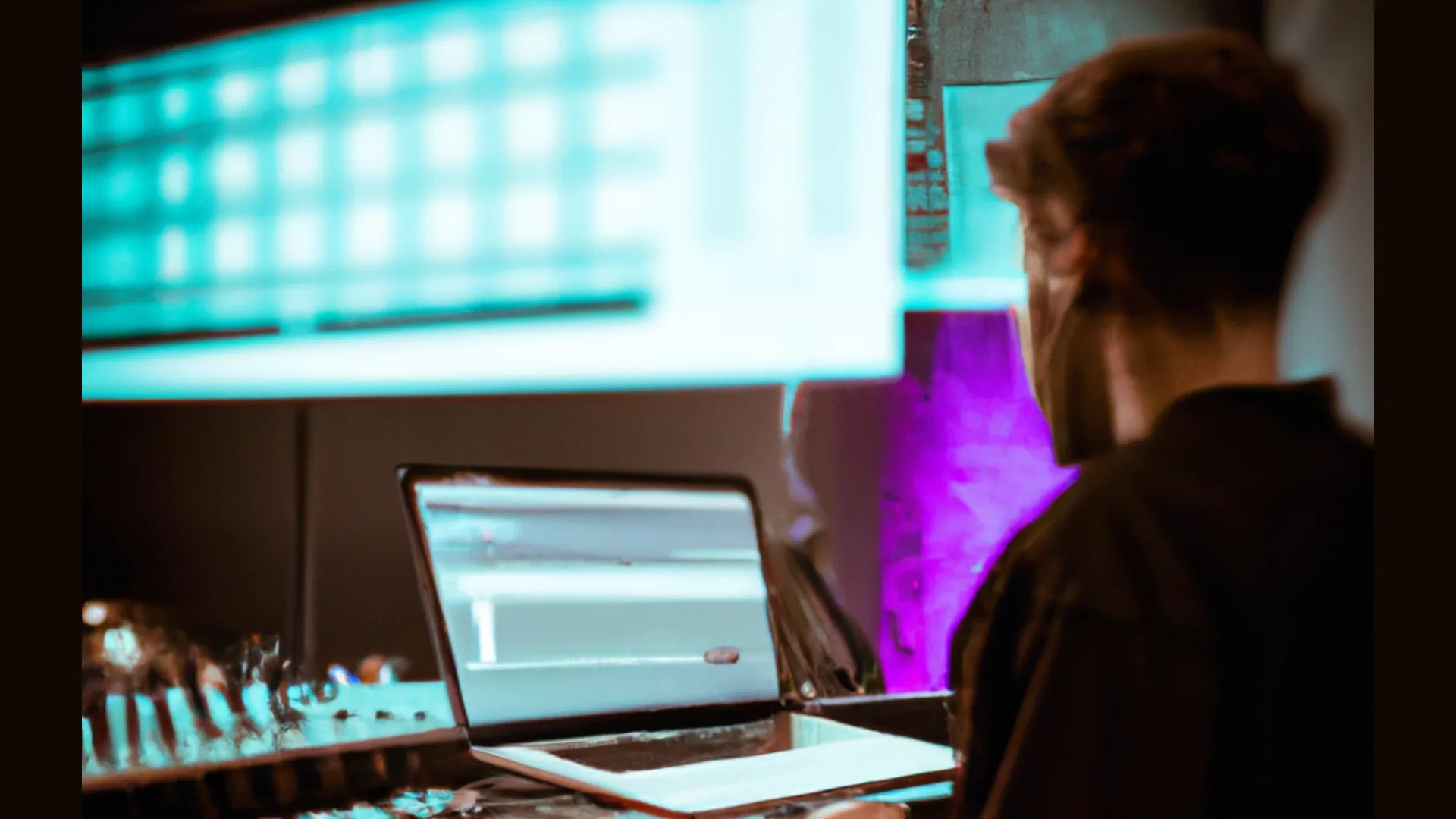 Um produtor musical está mexendo em um notebook em uma mesa de estúdio