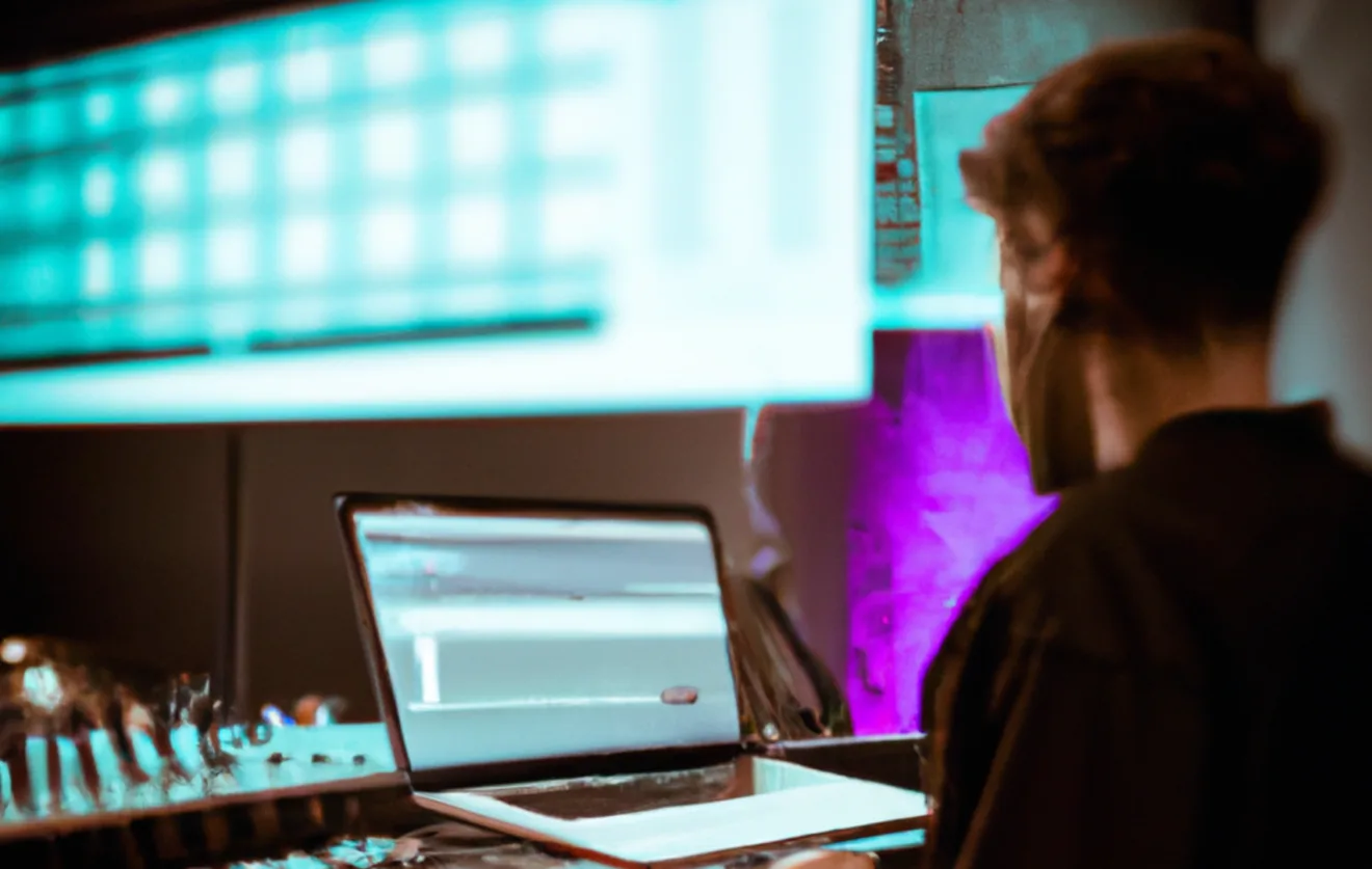 Um produtor musical está mexendo em um notebook em uma mesa de estúdio