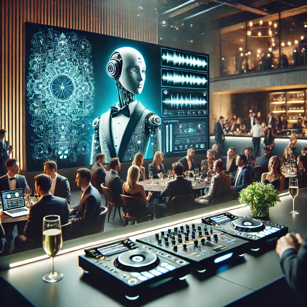 Imagem criada por inteligência artificial mostra uma mesa de DJ em um restaurante, cercada por mesas onde pessoas estão sentadas, representando um espaço de evento corporativo.