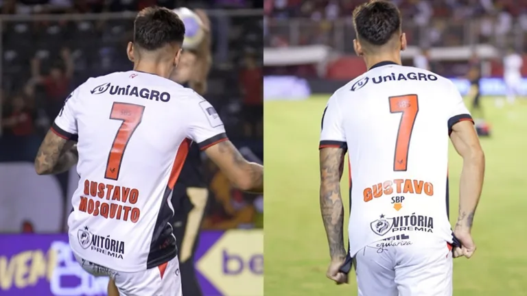 Colagem mostra a camiseta do jogador Gustavo Mosquito, alterada por ação com a SBP