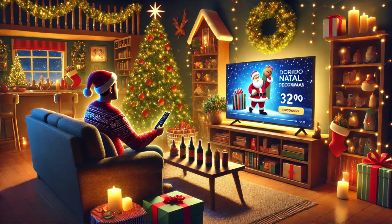 Imagem criada por inteligência artificial mostra uma sala de uma casa toda decorada para o Natal, na qual um homem, que usa um gorro de papai noel, está apontando o controle para a televisão, na qual há um conteúdo comprável ou shoppable content