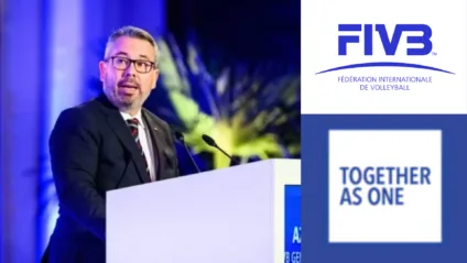 Colagem mostra o presidente e a logo do FIVB acompanhados do texto "Together as one"