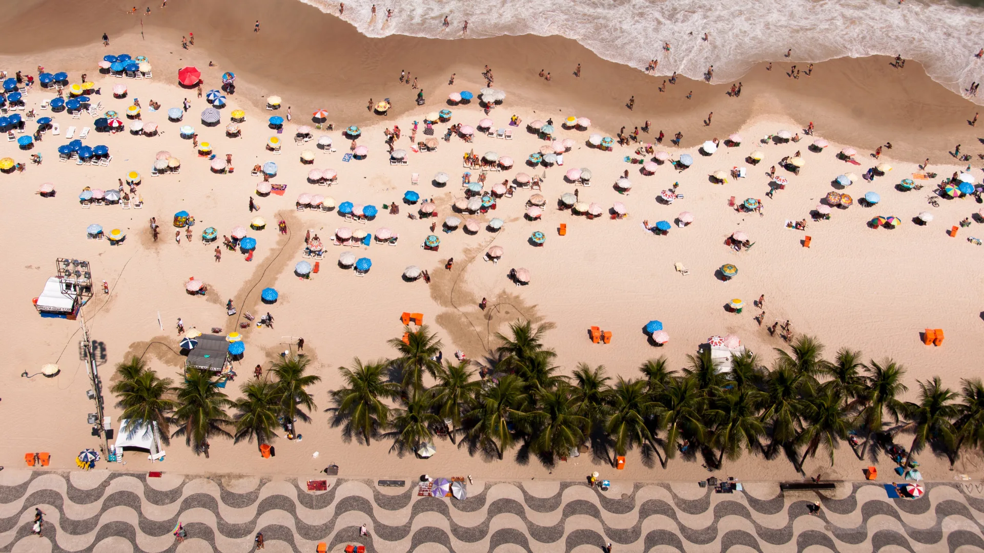 Imagem aérea da praia de Copacabana em um dia tranquilo mostra a calçada típica da orla de Copacabana, barracas e o mar