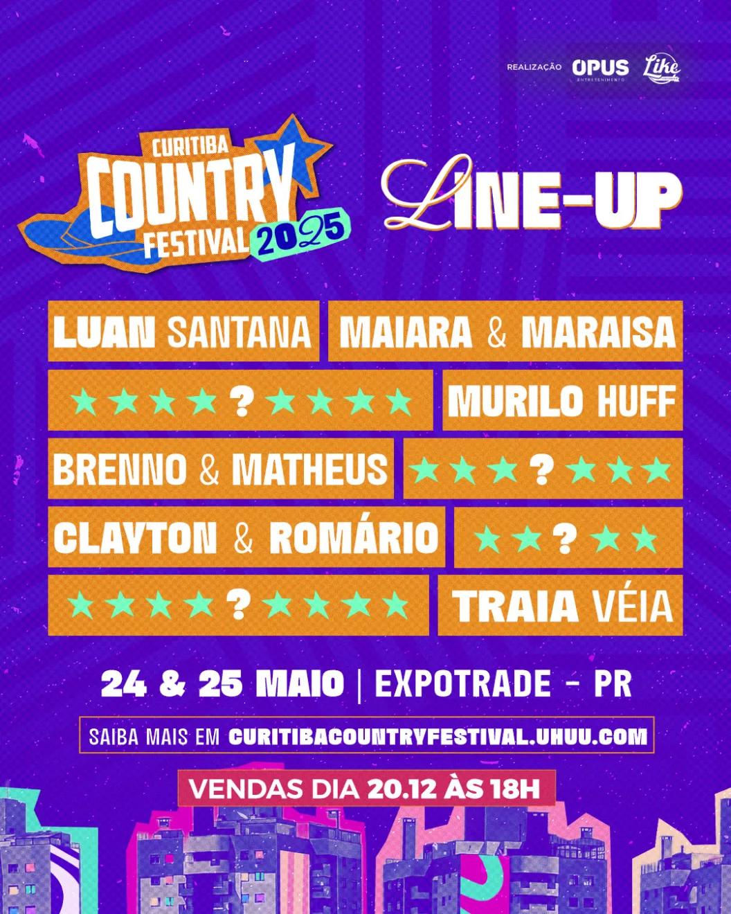 Imagem traz o line-up do Curitiba Country Festival: Luan Santana, Maiara & Maraisa, Murilo Huff, Clayton & Romário, Traia Véia e Brenno & Matheus