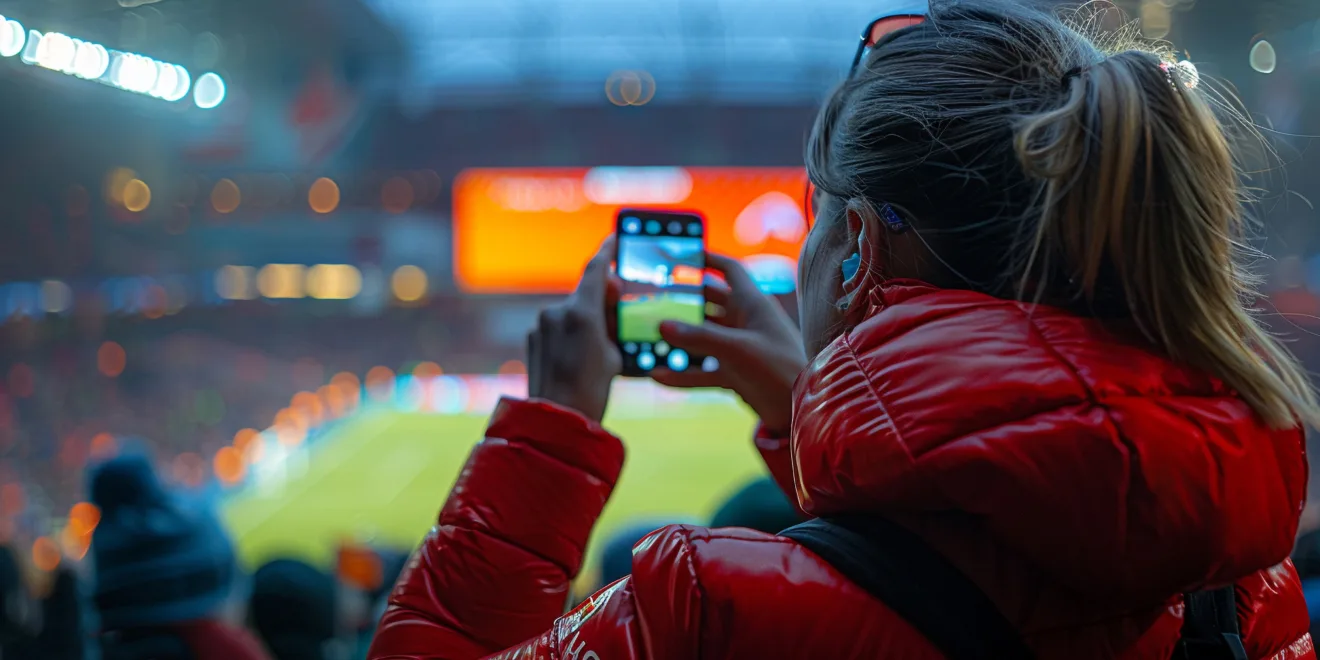 Imagem mostra uma torcedora gravando momentos de uma partida de futebol, com banners à volta do estádio