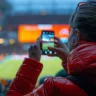 Imagem mostra uma torcedora gravando momentos de uma partida de futebol, com banners à volta do estádio