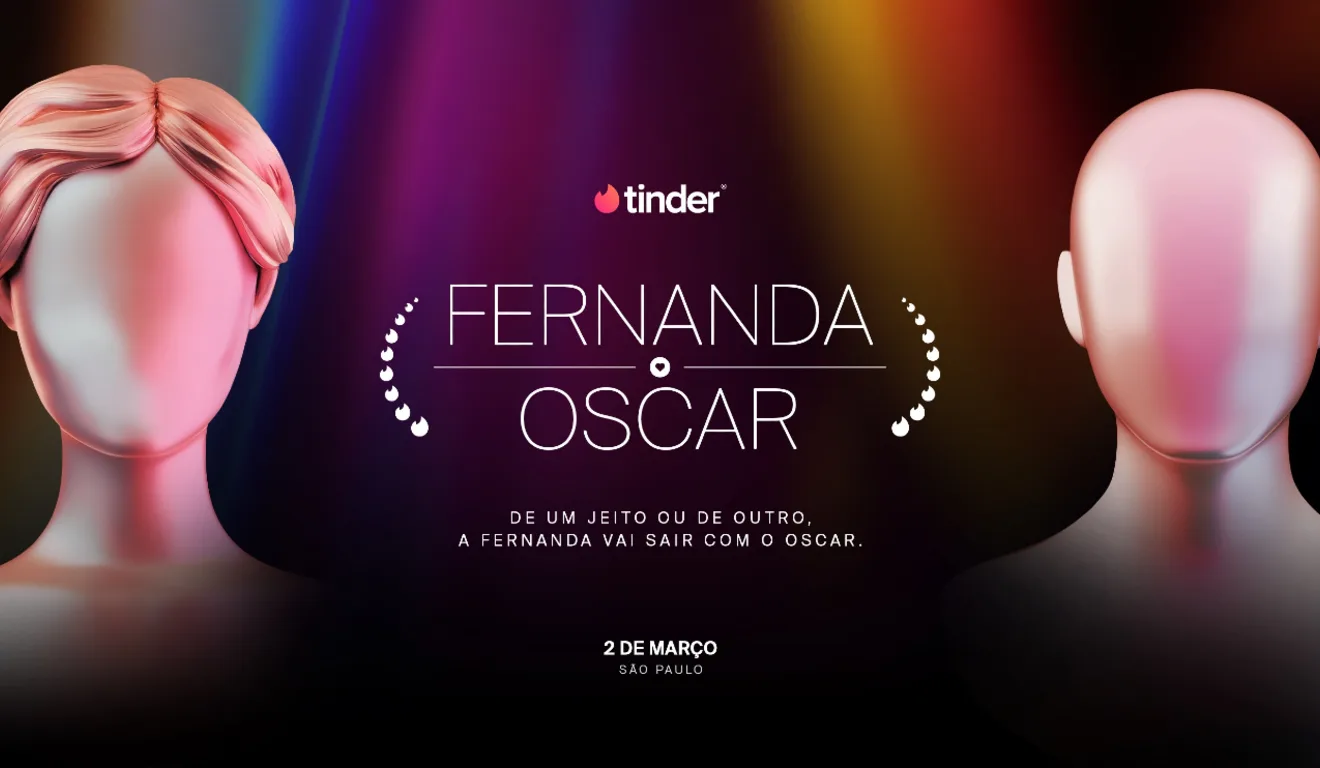 Banner de ação do Tinder, que vai promover watch party entre pessoas chamadas "Oscar" ou "Fernanda" para torcer pelo Oscar 2025