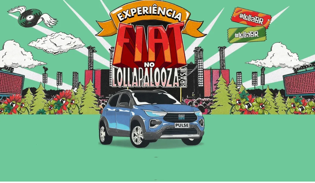 Banner mostra promoção da Fiat para o Lollapalooza 2025, que vai oferecer ingressos e um carro Pulse ao vencedor