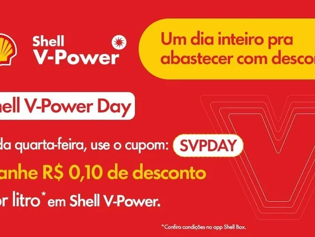 Banner mostra detalhes da promoção Shell V-Power para o mês de março de 2025