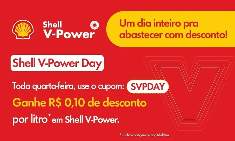 Banner mostra detalhes da promoção Shell V-Power para o mês de março de 2025