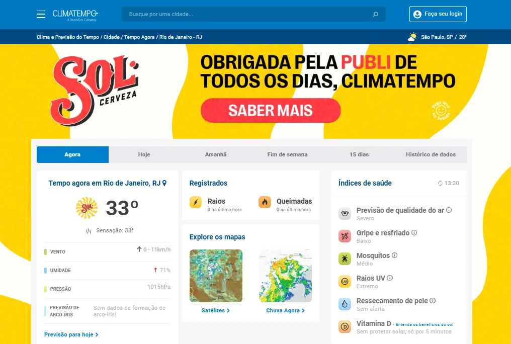 Site do Climatempo em parceria com a cerveja Sol