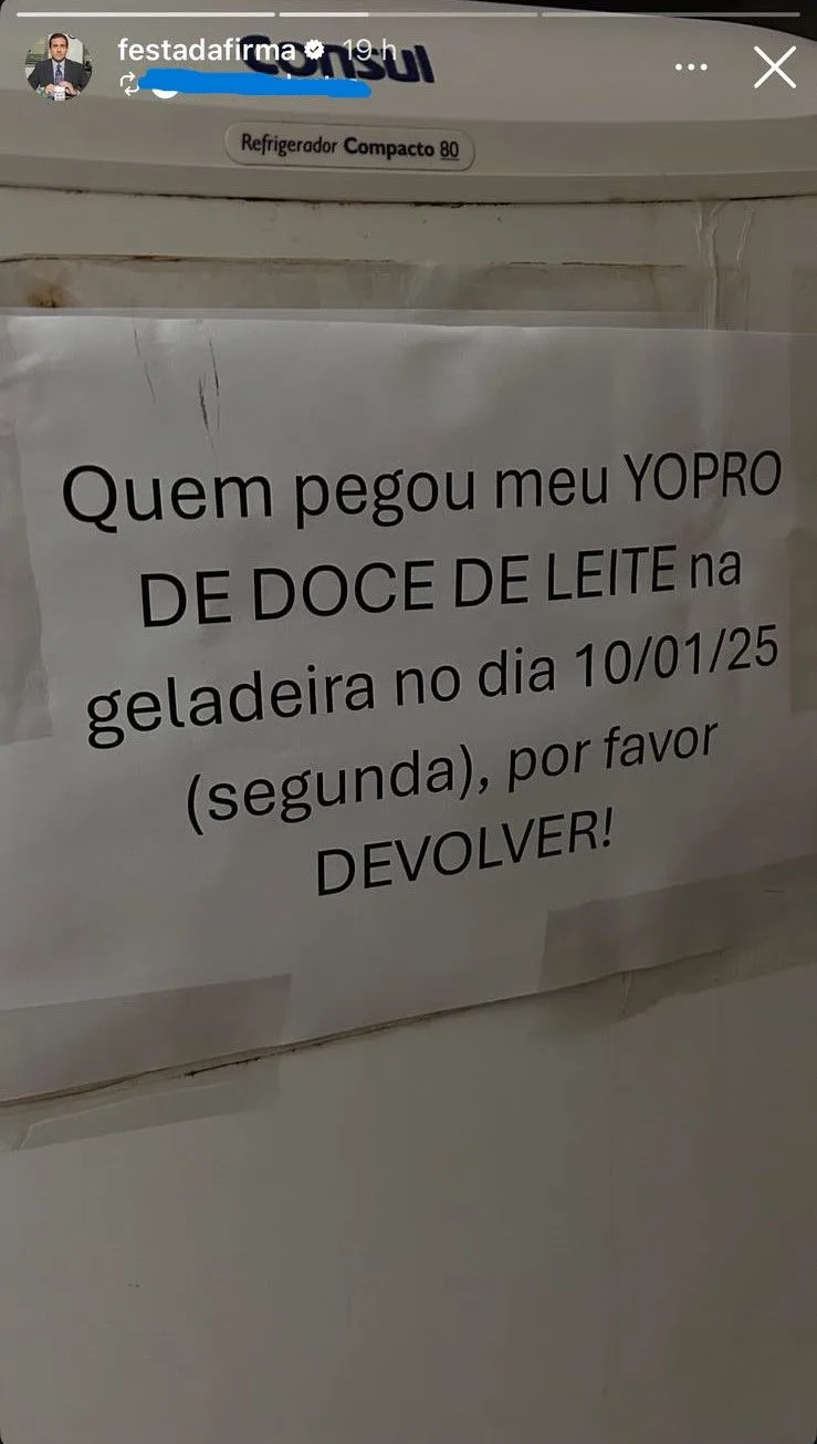 Captura mostra story da página "Festa da Firma", no Instagram, mostrando roubo de YoPro em escritório, que rendeu case de sucesso para a Danone