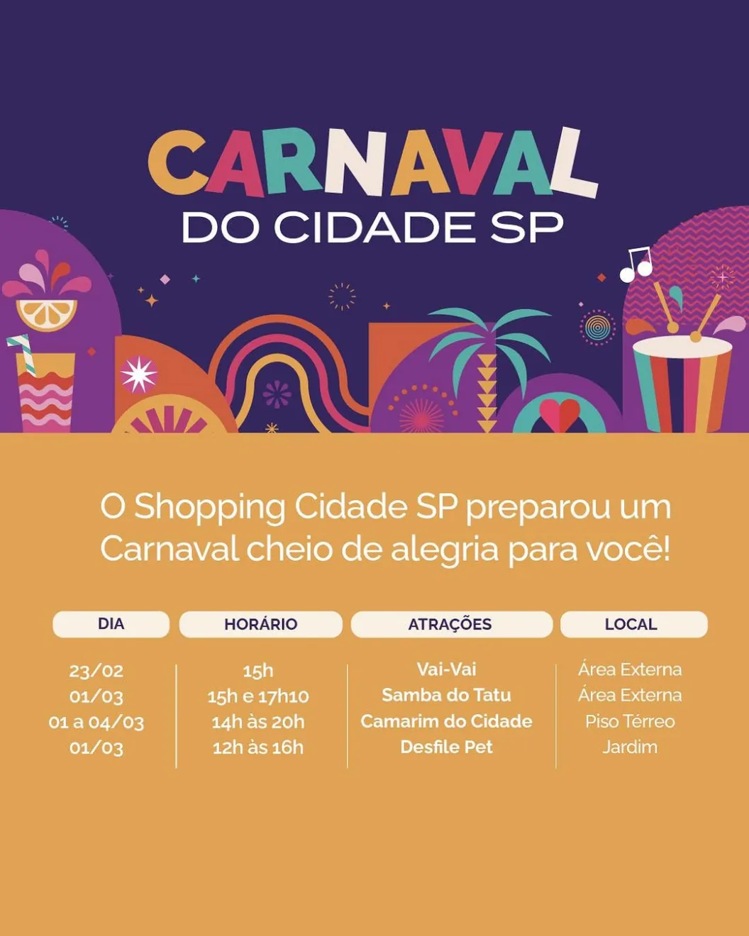 Programação do Carnaval Shopping Cidade SP