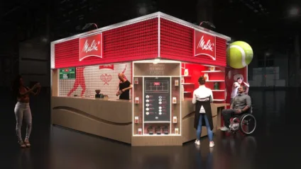 Conceitualização 3D do estande da Melitta durante o Rio Open 2025