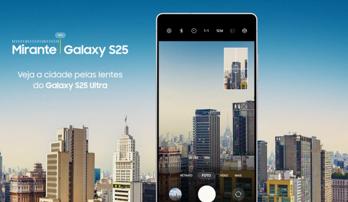 Banner divulgando ativação da Samsung para o Galaxy S25 Ultra, no Mirante Sampa Sky