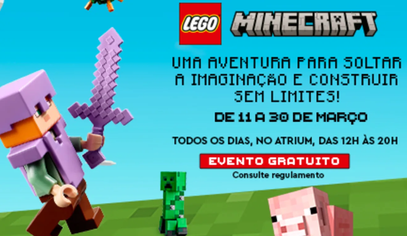 Banner de evento conjunto entre LEGO e Minecraft, em São Paulo