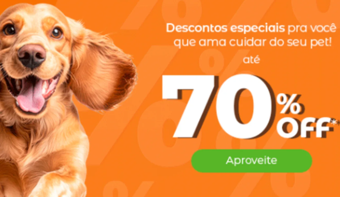 Banner de oferta de 70% de desconto em produtos da Cobasi