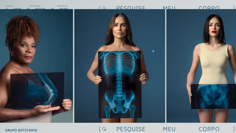 Deborah Secco, Isabelle Drummond e Zezé Motta seguram raio-x em frente ao corpo em campanha de lançamento do Centro de Pesquisa da Mulher do Grupo Boticário