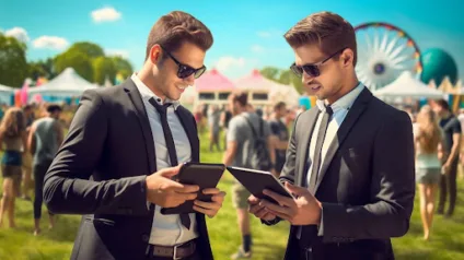 Homens de terno seguram tablets em evento corporativo