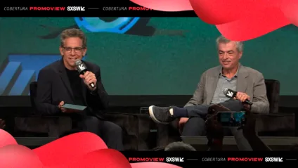 Imagem de Ben Stiller, diretor de "Ruptura"; e Eddy Cue, VP da Apple, durante o SXSW 2025