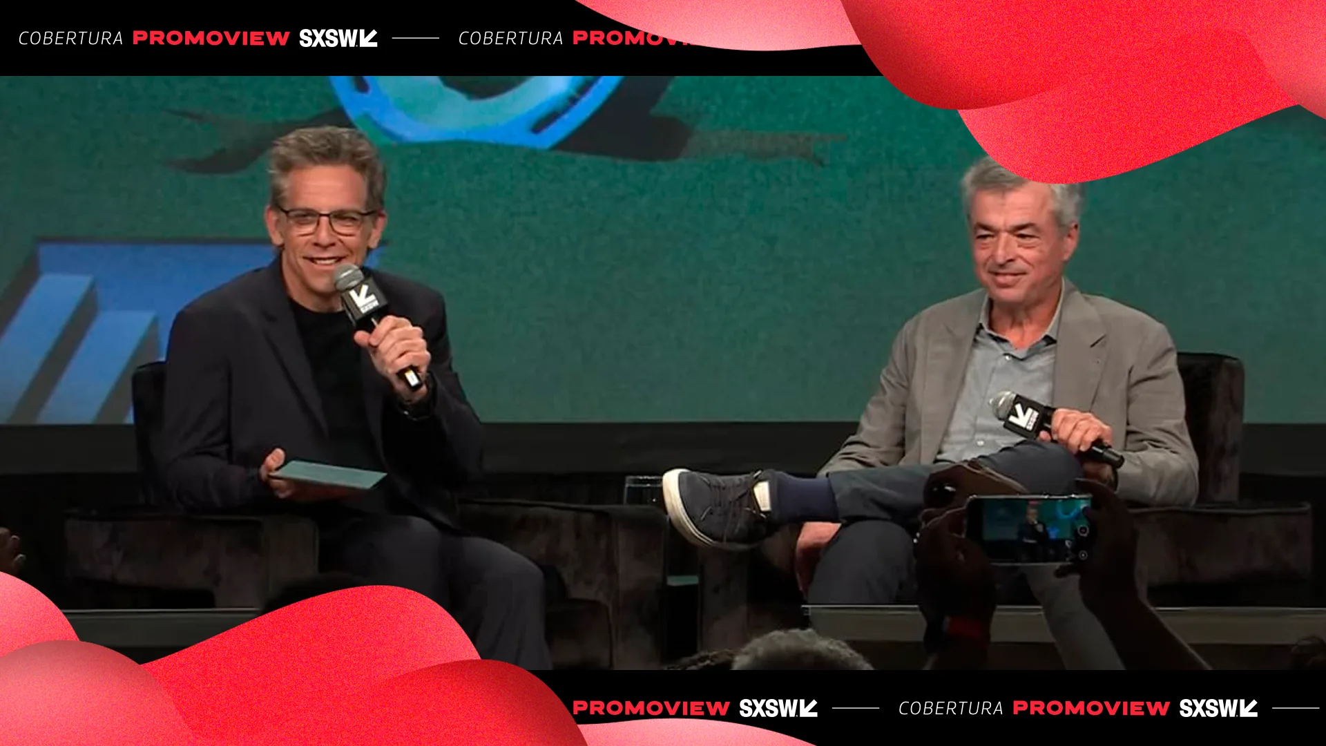 Imagem de Ben Stiller, diretor de "Ruptura"; e Eddy Cue, VP da Apple, durante o SXSW 2025