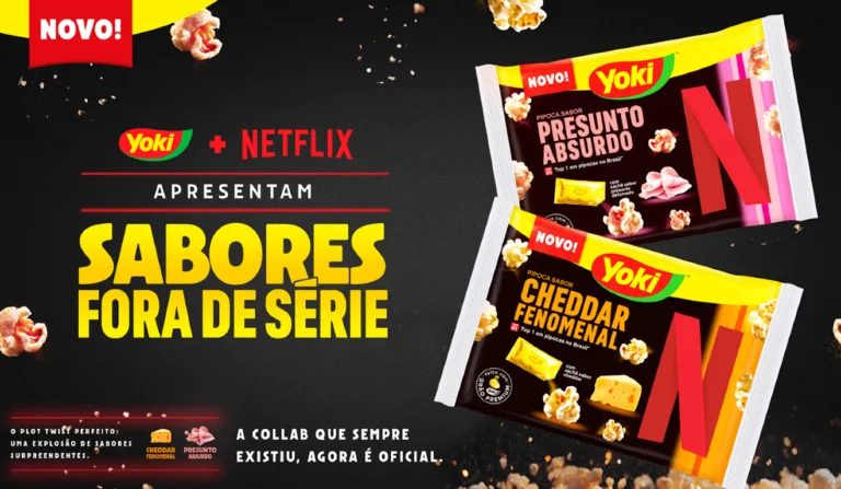 Banner divulgando novos sabores de pipoca de Yoki, em parceria com a Netflix