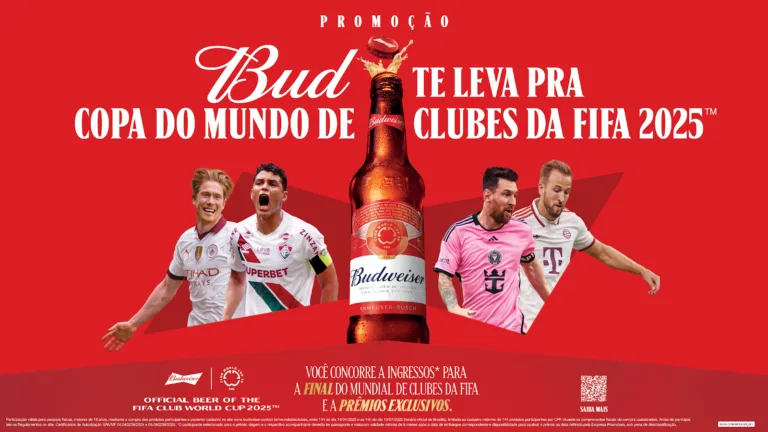 Banner da promoção "Bud te leva" da Budweiser, que valoriza o futebol nacional com viagens à final da Copa do Mundo de Clubes da FIFA
