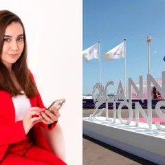 À esquerda, Cindy Feijó, CEO do Promoview, e à direita letreiro do Cannes Lions