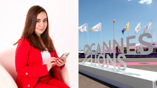 À esquerda, Cindy Feijó, CEO do Promoview, e à direita letreiro do Cannes Lions