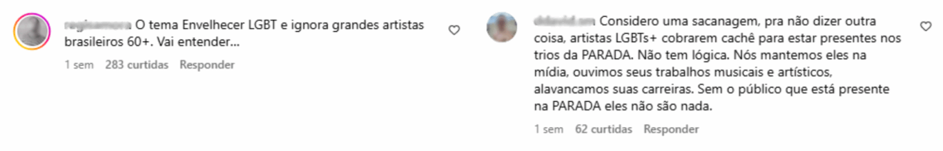 Comentários na publicação do Instagram da Parada do Orgulho LGBT+ de São Paulo