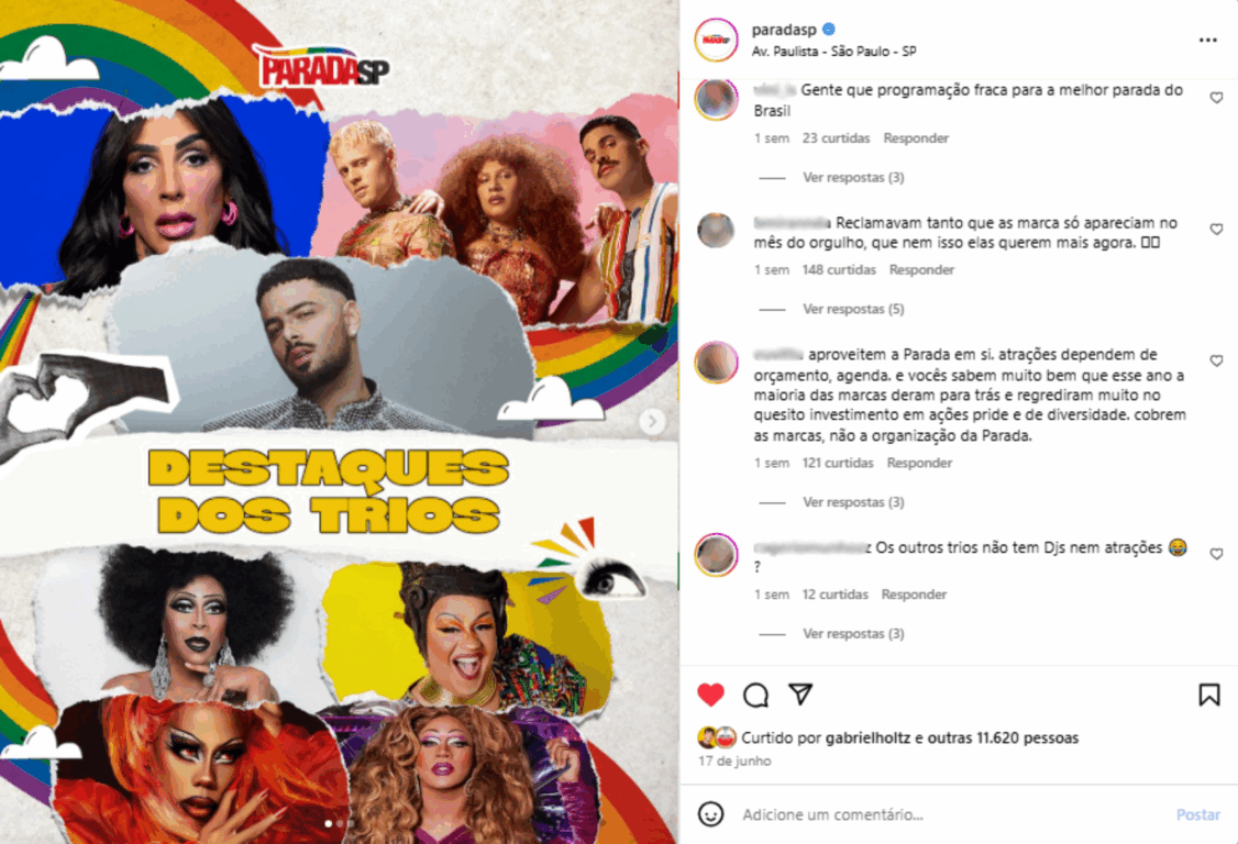 Comentários na publicação do Instagram da Parada do Orgulho LGBT+ de São Paulo