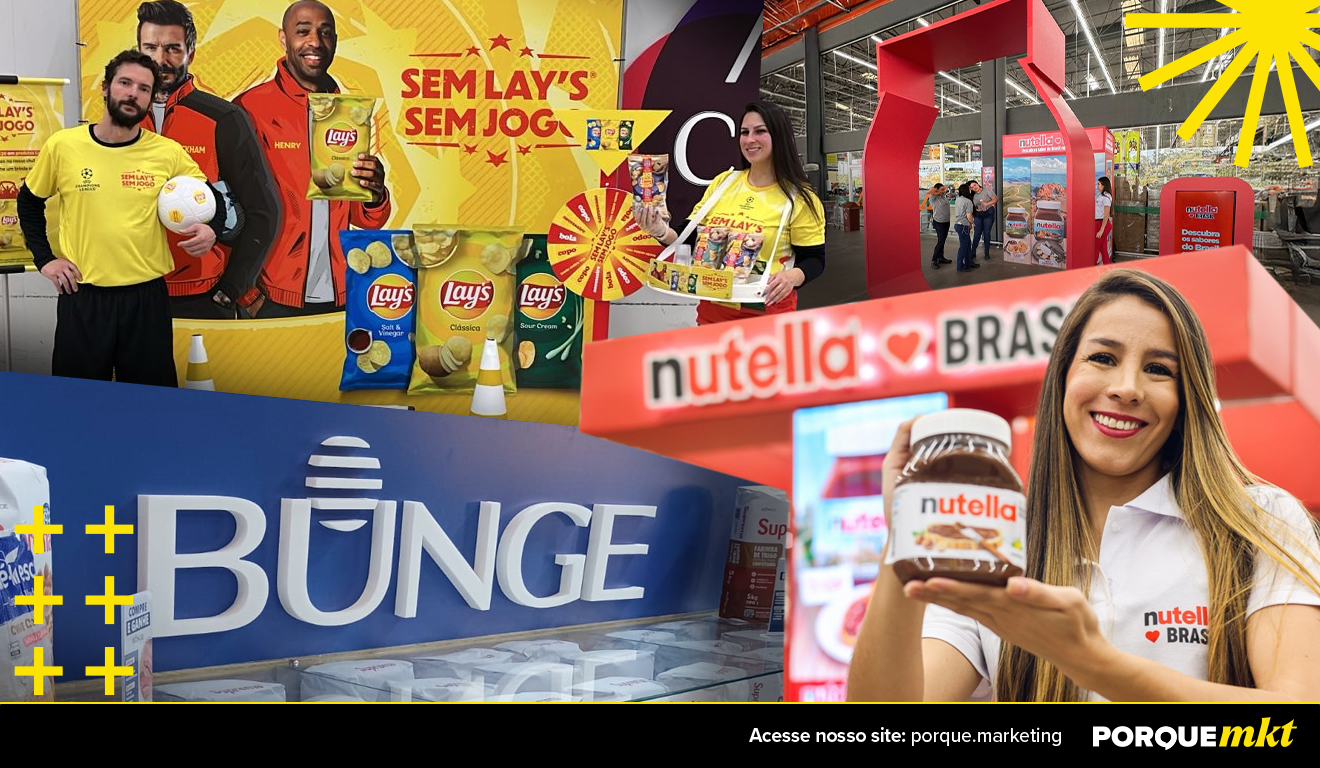 Colagens de imagens de pontos de vendas e promotores exibindo produtos de marcas como Garoto e Nutella