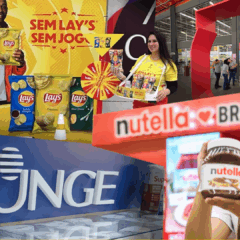 Colagens de imagens de pontos de vendas e promotores exibindo produtos de marcas como Garoto e Nutella
