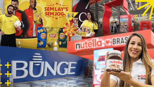 Colagens de imagens de pontos de vendas e promotores exibindo produtos de marcas como Garoto e Nutella
