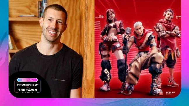 À esquerda, Felipe Meretti, do iFood, e à direita avatares de artistas que tocam no The Town